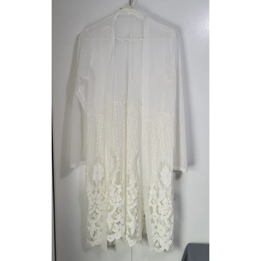 EMBER Women's LG Sheer Boho Kimono Open Cardigan Lace Beach Feminine Coastal - Picture 2 of 11